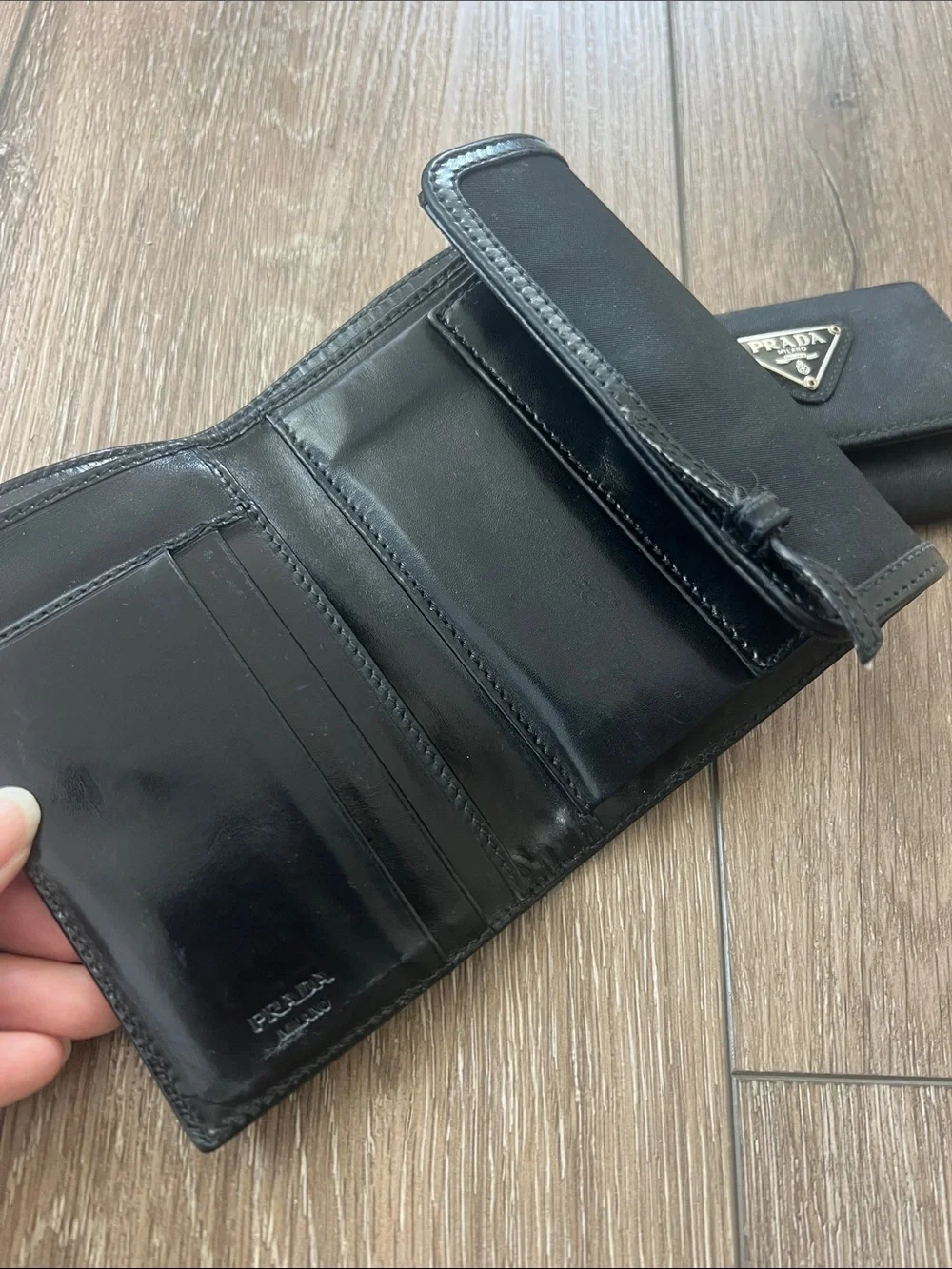 Prada Black Nylon Triangular Logo Wallet Duo